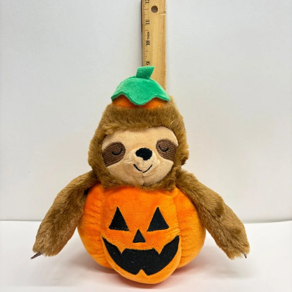 Fringe Studio Halloween Sloth Pumpkin Jack-O-Lantern Plush Squeaky Dog Toy 9